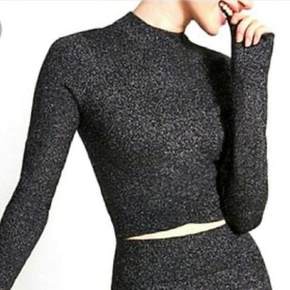 EXPRESS SWEATER TOP GLITTER METALLIC MOCK NECK CROP CHIC BLACK NWT MEDIUM